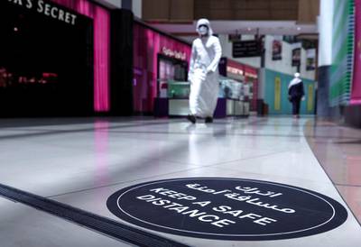 Abu Dhabi, United Arab Emirates, May 10, 2020.   The reopening of the Al Wahda Mall during the Coronavirus pandemic.  Distance signs on the mall floors.Victor Besa/The NationalSection:  NAReporter:
