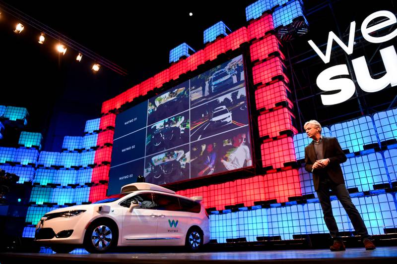 Waymo CEO John Krafcik delivers a speech about self-driving cars at the 2017 Web Summit in Lisbon on November 7, 2017. 
Europe's largest tech event Web Summit is held at Parque das Nacoes in Lisbon from November 6 to November 9.  / AFP PHOTO / PATRICIA DE MELO MOREIRA