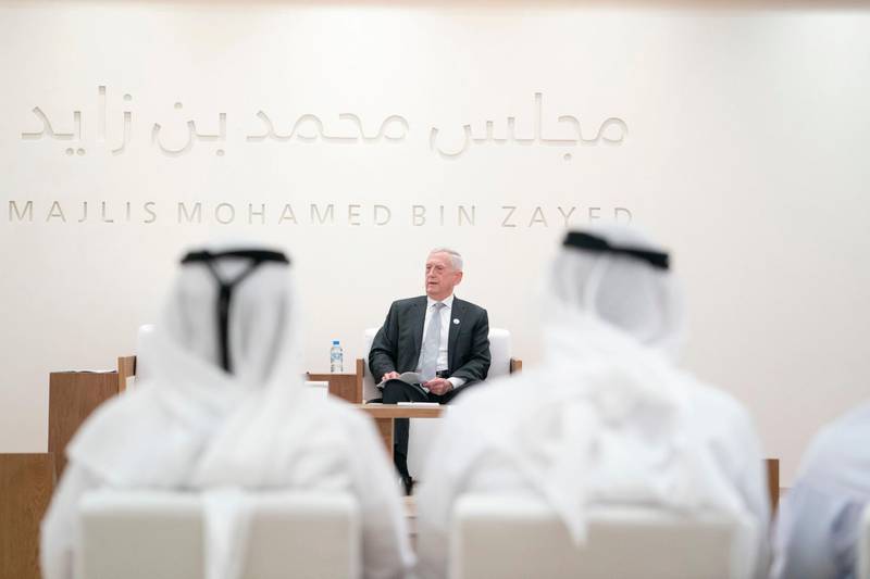ABU DHABI, UNITED ARAB EMIRATES - May 20, 2019: James Mattis, Former US Secretary of Defense (C), delivers a lecture titled: 'The Value of the UAE - US Strategic Relationship', at Majlis Mohamed bin Zayed.

( Mohamed Al Hammadi / Ministry of Presidential Affairs )
---