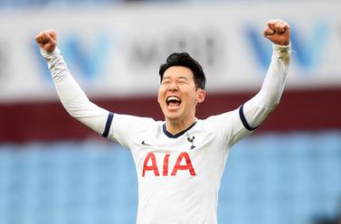 Son Heung-min celebrates after scoring the winner for Spurs at Aston Villa. Getty