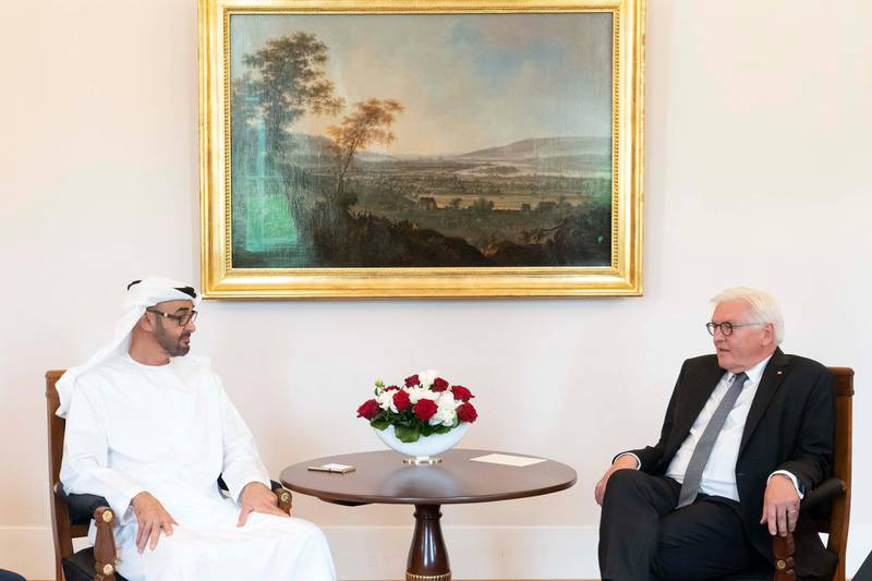 BERLIN, GERMANY - June 11, 2019: HH Sheikh Mohamed bin Zayed Al Nahyan, Crown Prince of Abu Dhabi and Deputy Supreme Commander of the UAE Armed Forces (L), meets with HE Frank-Walter Steinmeier, President of Germany (R), at Bellevue Palace, during an official visit to Berlin.

( Rashed Al Mansoori / Ministry of Presidential Affairs )
---