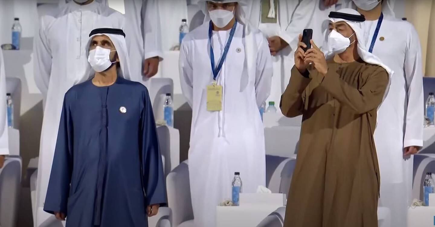Sheikh Mohammed bin Rashid, Vice President and Ruler of Dubai, and Sheikh Mohamed bin Zayed, Crown Prince of Abu Dhabi and Deputy Supreme Commander of the Armed Forces, at the opening ceremony.