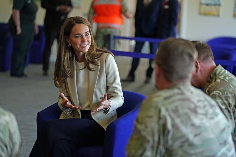 Catherine, Duchess of Cambridge, meets those who supported the UK's rescue of civilians from Afghanistan at RAF Brize Norton. Photos Getty Images