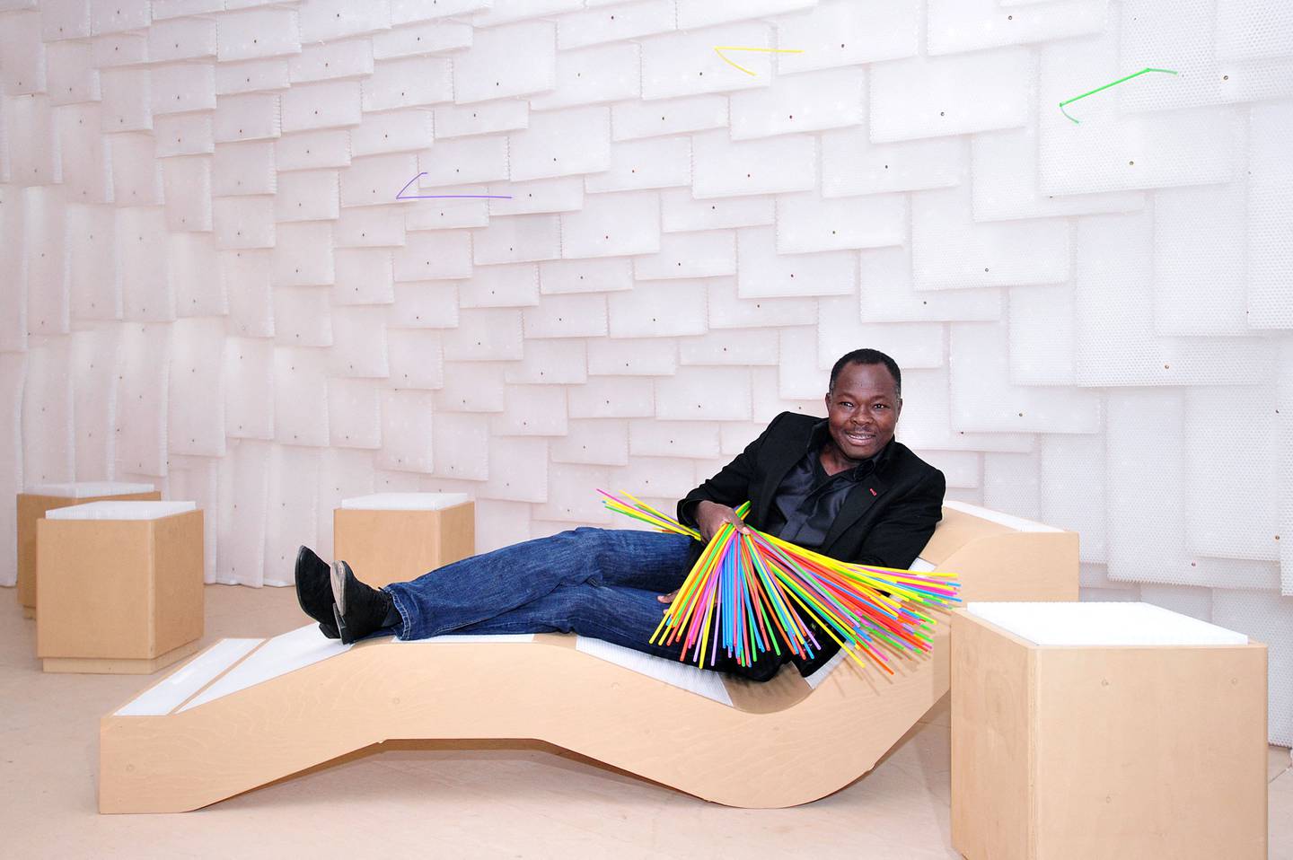 Diebedo Francis Kere with his installation at the Royal Academy of Arts, London, for the Sensing Spaces: Architecture Reimagined exhibition in 2014. AFP