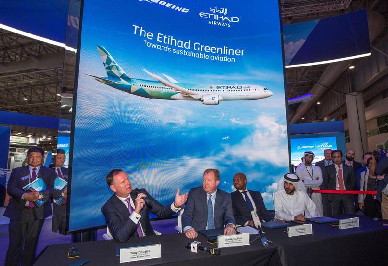 Dubai, United Arab Emirates- (L-R)Tony Douglas,  Stanley A. Deal, Ted Colbert and Mohammed Al Bulooki the unveiling of Etihad Greeliner at the Dubai Airshow 2019 day 2 at Maktoum Airport.  Leslie Pableo for the National