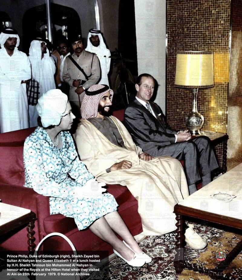 The Founding President, Sheikh Zayed, with the UK's Queen Elizabeth and Prince Philip at a lunch in their honour at Hilton Al Ain in 1979. The Queen was on a landmark visit to the country. Courtesy: National Archives