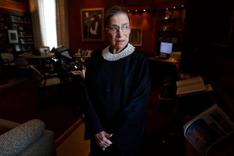 Associate Justice Ruth Bader Ginsburg poses for a photo in her chambers at the Supreme Court in Washington, before an interview with The Associated Press. Ginsburg,  developed a cult-like following over her more than 27 years on the bench, especially among young women who appreciated her lifelong, fierce defense of women's rights. She died Sept. 18, 2020. AP Photo