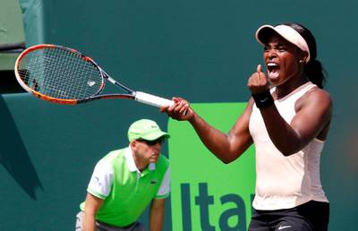 Sloane Stephens reacts after she defeated Victoria Azarenka, of Belarus, 3-6, 6-2, 6-1 in their semifinal match at the Miami Open tennis tournament, Thursday, March 29, 2018, in Key Biscayne, Fla. (AP Photo/Joe Skipper)