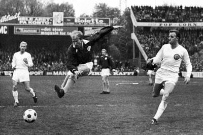Bobby Charlton demonstrating his famous shooting technique in a Europe v Scandinavia exhibition match in 1975. AP