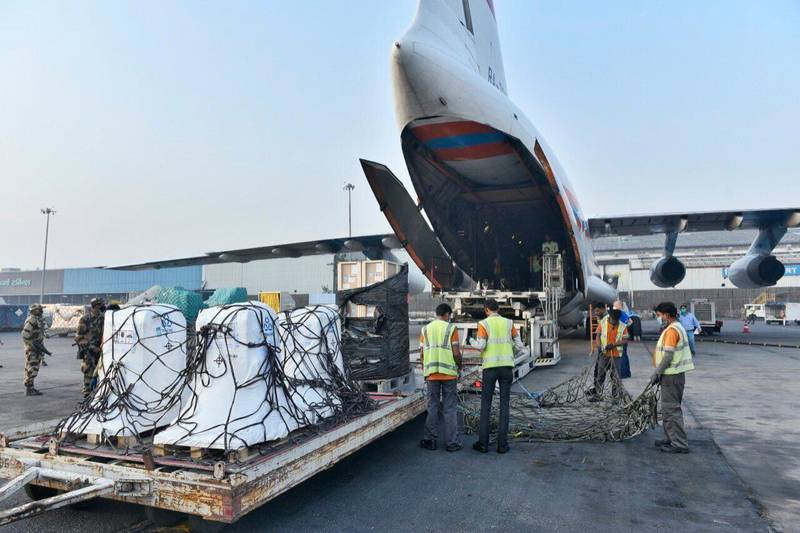 Shipment of oxygen concentrators, ventilators and other medical supplies arrived from Russia to India, Thursday, April 29, 2021. Indian External Affairs Ministry/AP