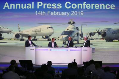 Airbus CEO Tom Enders, second right, CFO Harald Wilhelm, left, president of Airbus Commercial Aricraft Guillaume Faury, second left, and Rainer Ohler, Executive Vice President Commuincations, present Airbus 2018 results in Toulouse, southern France. AP Photo