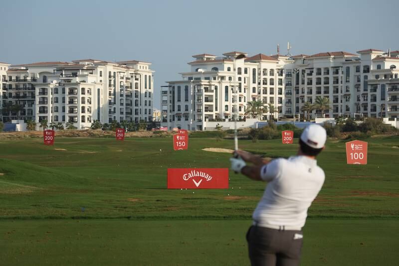 ABU DHABI, UNITED ARAB EMIRATES - JANUARY 18: A general view of the driving range as Ricardo Gouveia of Portugal plays a shot during a practice round prior to the Abu Dhabi HSBC Championship at Yas Links Golf Course on January 18, 2022 in Abu Dhabi, United Arab Emirates. (Photo by Andrew Redington / Getty Images)