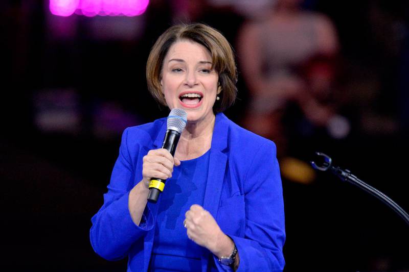 (FILES) In this file photo taken on February 08, 2020 Democratic presidential hopeful Minnesota Senator Amy Klobuchar addresses the Democratic Party's 61st Annual McIntyre-Shaheen 100 Club dinner at SNHU arena in Manchester, New Hampshire. Senator Amy Klobuchar on late June 18, 2020, removed herself from consideration to be Joe Biden's running mate, citing the ongoing national discussion about racial injustice and police brutality to suggest the former vice president should choose a woman of color. / AFP / Joseph Prezioso
