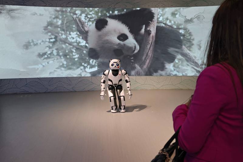 People watch a panda robot at the China pavilion. AFP