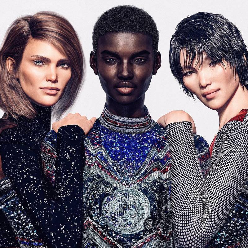 CGI models Margot, Shudu and Zhi in a campaign for luxury label Balmain. Courtesy Balmain