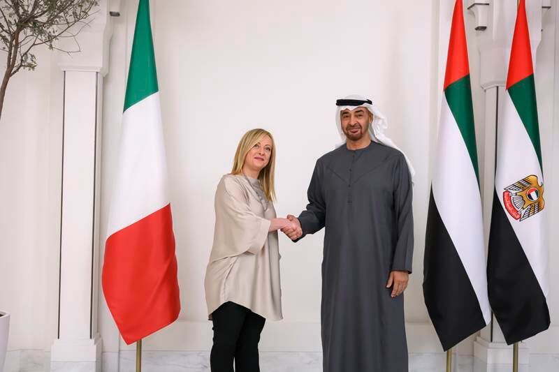 Sheikh Mohamed emphasised the depth of UAE-Italy ties during the meeting at Al Shati Palace. Abdulla Al Neyadi / UAE Presidential Court