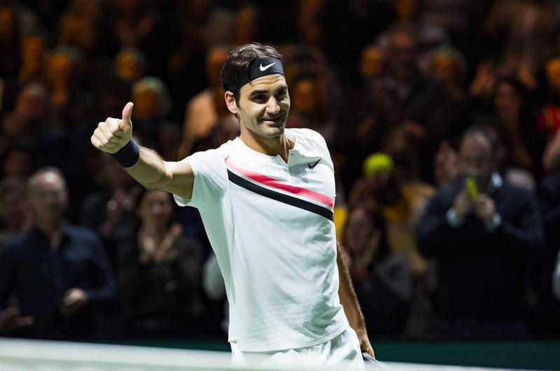epa06537640 Roger Federer of Switzerland cheers after winning against Andreas Seppi of Italy, during their semi final match of the ABN AMRO World Tennis Tournament in Rotterdam, Netherlands, 17 February 2018.  EPA/KOEN SUYK