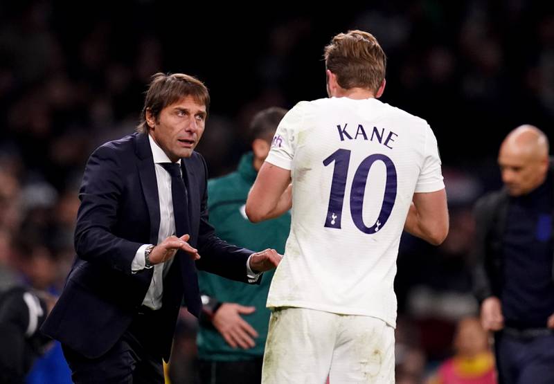 Antonio Conte talks to Harry Kane during the Europa Conference League Group G match at Tottenham Hotspur Stadium. PA