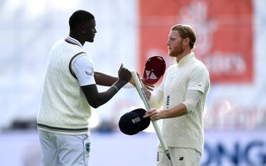 MANCHESTER, ENGLAND - JULY 20: Ben Stokes of England shakes hands with Jason Holder of West Indies after victory on Day Five of the 2nd Test Match in the #RaiseTheBat Series between England and The West Indies at Emirates Old Trafford on July 20, 2020 in Manchester, England. (Photo by Gareth Copley/Getty Images for ECB)