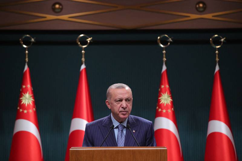 Turkish President Recep Tayyip Erdogan gives a news conference following a Cabinet meeting in Ankara. Turkish Presidential Press Service via AFP