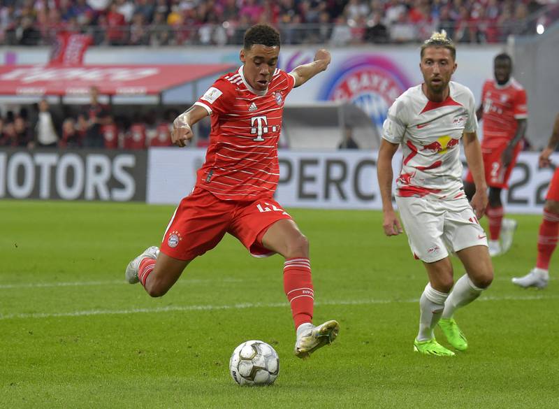 Bayern Munich's Jamal Musiala scores their first goal. Reuters