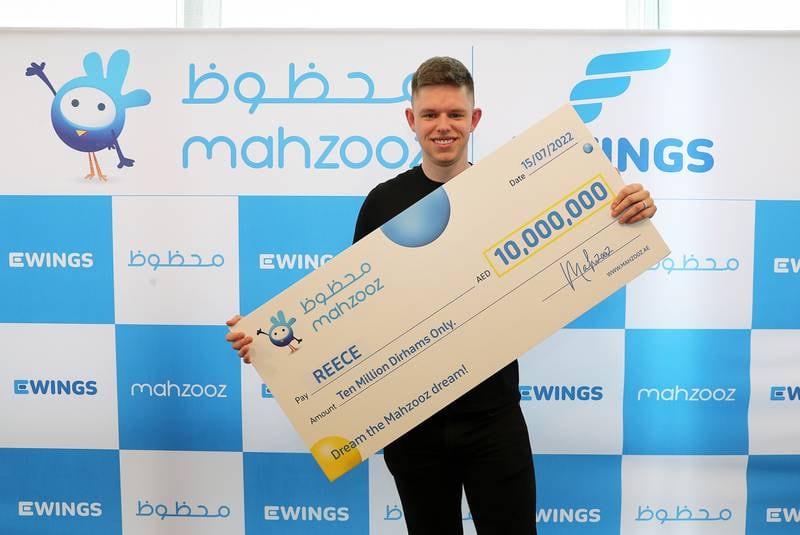 Reece, winner of the Dh10 million Mahzooz draw pictured during a press conference on Friday at the Ewings office in Dubai. All photos: Pawan Singh / The National