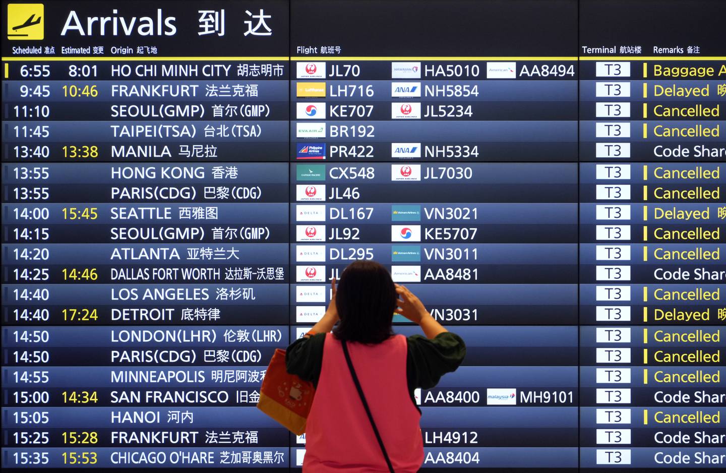 A display of flight arrivals at Haneda Airport in Tokyo. EPA