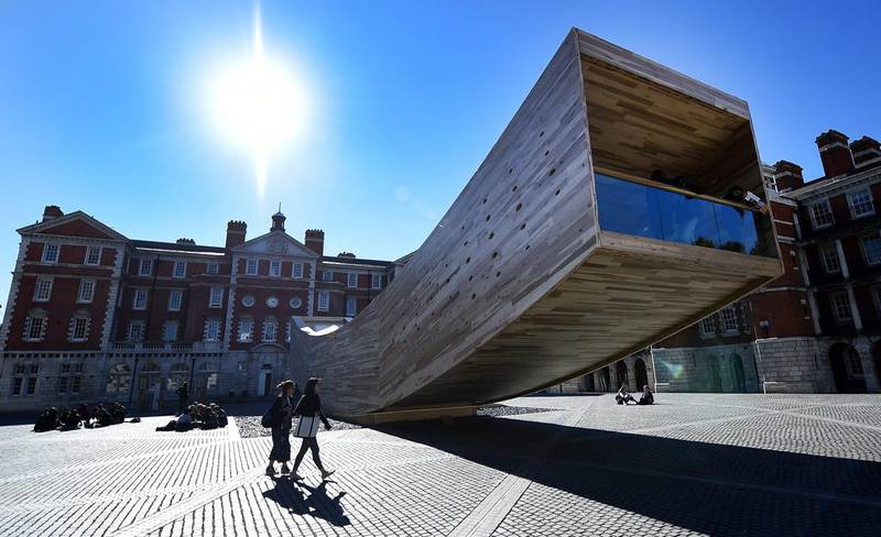 Architect Alison Brooks’ Landmark Project, outside the Tate Britain during London Design Week in London. The curved wooden urban installation ‘The Smile’ could be described as an unidentified flying object: a 34m long, 3m high upside down arc poised on the urban horizon. Andy Rain / EPA