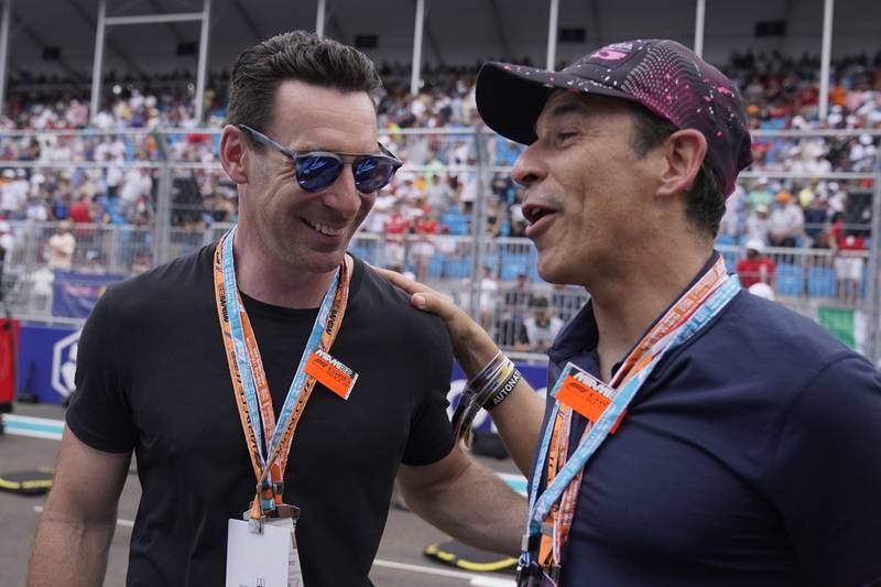 IndyCar drivers Simon Pagenaud, left, and Helio Castroneves ahead of the Formula One Miami Grand Prix. AP