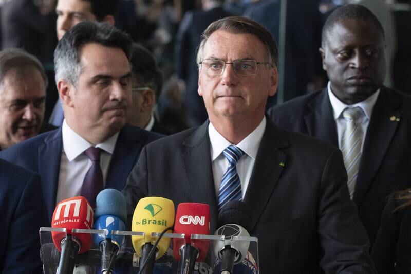 Out-going Brasilian president Jair Bolsonaro, speaks to the media about the results of the presidential elections, in Brazil, on November 1, 2022. EPA