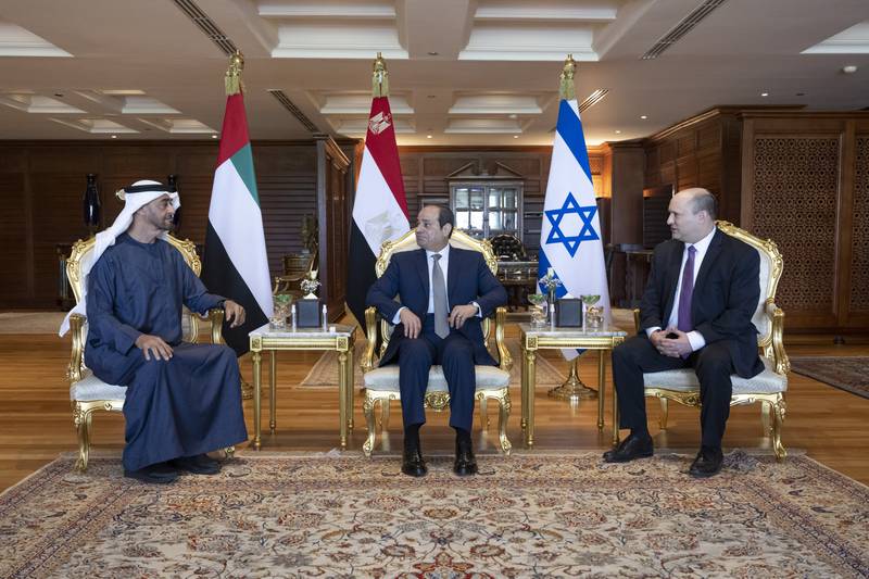 Sheikh Mohamed bin Zayed, Crown Prince of Abu Dhabi and Deputy Supreme Commander of the Armed Forces, at a meeting in Sharm El Sheikh with Egypt’s President Abdel Fattah El Sisi and Israeli Prime Minister Naftali Bennett. Hamad Al Kaabi / Ministry of Presidential Affairs