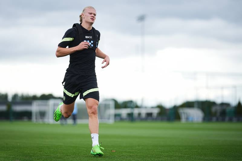 Erling Haaland during a training session at Manchester City Football Academy. Getty