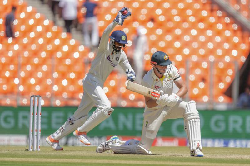India's wicketkeeper Srikar Bharat celebrates dismissal of Australia's Cameron Green. AP