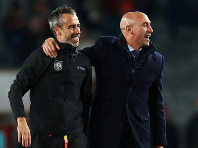 Spain manager Jorge Vilda, left, with Spanish football president Luis Rubiales with after their Women's World Cup semi-final victory over Sweden in Auckland, New Zealand, on August 15, 2023. Reuters