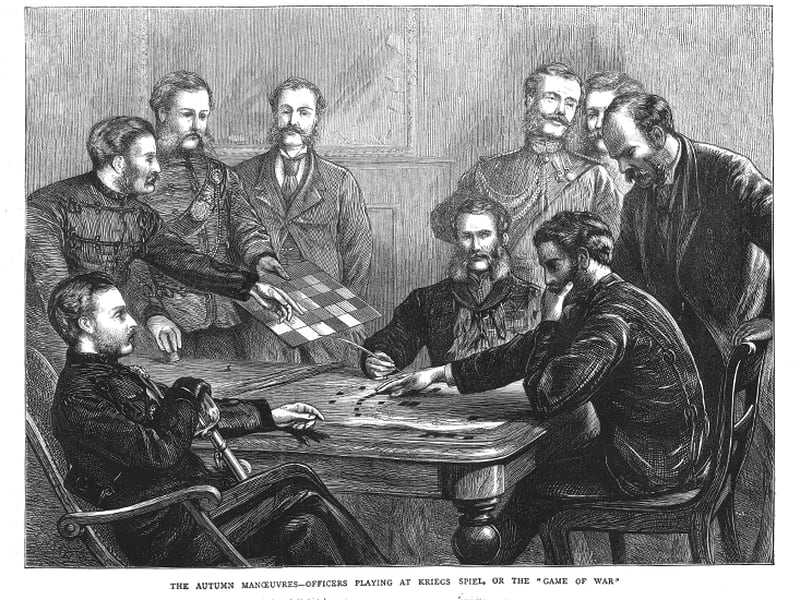 Prussian officers playing Kriegsspiel (illustration August 1872). Photo: Public Domain