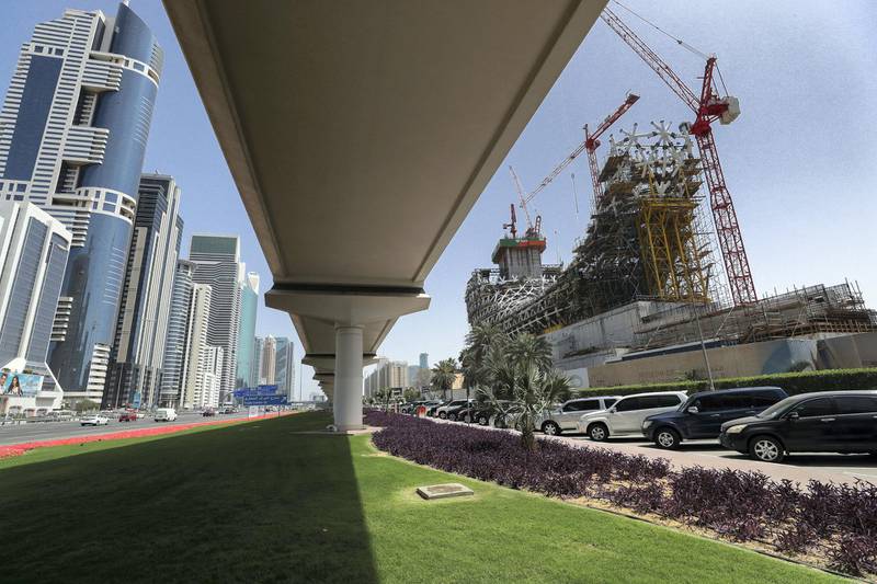 Dubai, UAE, April 1, 2018.  Facade of Museum of the Future.  Juxtaposition of the present and the future separated by thr Dubai Metro along Sheikh Zayed Road.Victor Besa / The NationalNational
