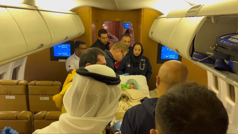 Sham and Omar on a private medical flight from Istanbul to Abu Dhabi. Photo: Burjeel Medical City