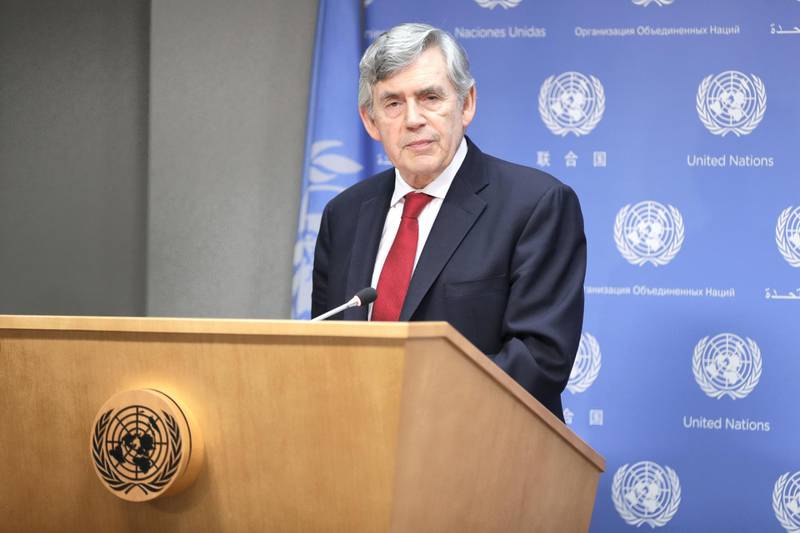 Gordon Brown, United Nations Special Envoy for Global Education and Chair of the International Commission on Financing Global Education Opportunity, briefs journalists on the launch of International Finance Facility for Education as a guest at the noon briefing at the United Nations headquarters in New York City, New York, May 11, 2018. (Photo by EuropaNewswire/Gado/Getty Images)
