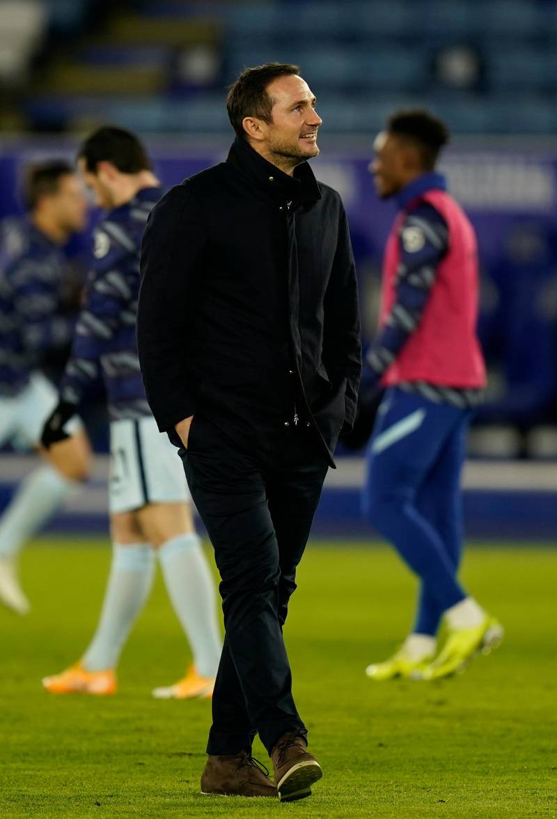 Frank Lampard watches Chelsea players during warm up at the King Power Stadium in Leicester. AP
