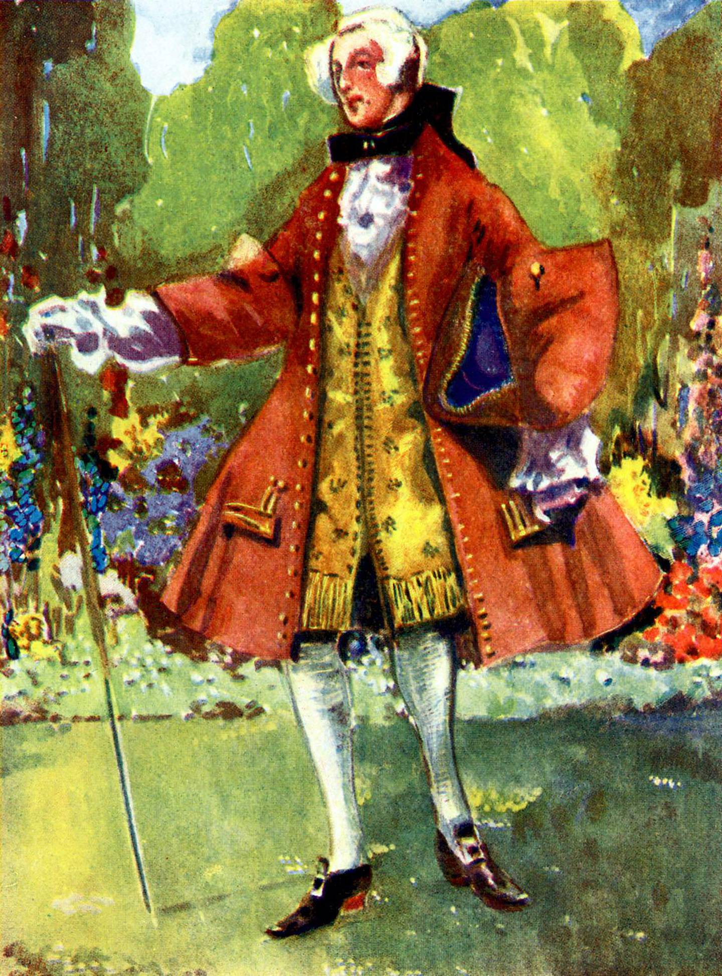 Man 's costume in reign of George II (1727 -1760).  Wearing a frock coat with very wide skirts, long waistcoat and black satin tie.  A cane and a chapeau bras are carried.  Illustrated and written by Dion Clayton Calthrop,  1875 - 1937 (1907).  (Photo by Culture Club/Getty Images)