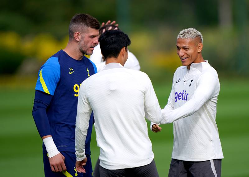 Tottenham Hotspur's Richarlison, Son Heung-min and goalkeeper Fraser Forster during a training session at Hotspur Training Ground. PA