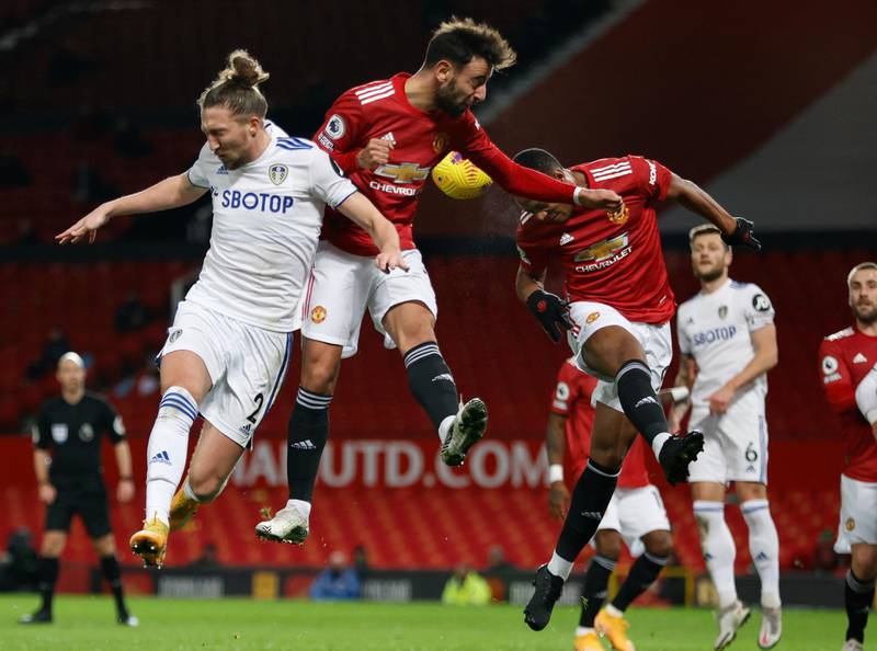 Manchester United's Bruno Fernandes in action against Leeds' Luke Ayling. EPA