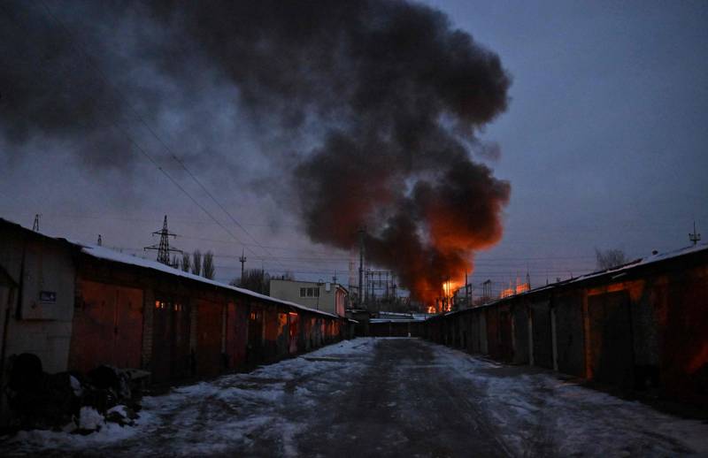 Fire at a power station in Kyiv after a drone attack by Russia. AFP