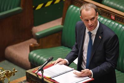 A handout photograph released by the UK Parliament shows Britain's Foreign Secretary Dominic Raab as he speaks in the House of Commons in London on September 8, 2020.  Iran on Tuesday told Nazanin Zaghari-Ratcliffe, a British-Iranian woman detained in Tehran since 2016, she faces a "new indictment", state media reported. - RESTRICTED TO EDITORIAL USE - MANDATORY CREDIT " AFP PHOTO / UK PARLIAMENT " - NO USE FOR ENTERTAINMENT, SATIRICAL, MARKETING OR ADVERTISING CAMPAIGNS - EDITORS NOTE THE IMAGE HAS BEEN DIGITALLY ALTERED AT SOURCE TO OBSCURE VISIBLE DOCUMENTS
 / AFP / UK PARLIAMENT / JESSICA TAYLOR / RESTRICTED TO EDITORIAL USE - MANDATORY CREDIT " AFP PHOTO / UK PARLIAMENT " - NO USE FOR ENTERTAINMENT, SATIRICAL, MARKETING OR ADVERTISING CAMPAIGNS - EDITORS NOTE THE IMAGE HAS BEEN DIGITALLY ALTERED AT SOURCE TO OBSCURE VISIBLE DOCUMENTS
