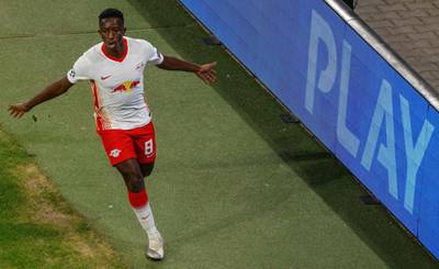 Leipzig's Malian midfielder Amadou Haidara celebrates scoring the second. AFP