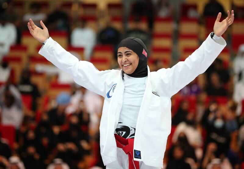 Maitha Shraim of Baniyas after her victory over Tessa Al Shamsi of Al Wahda in the women's final of the President's Cup. 