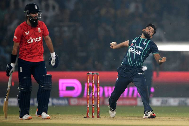 Pakistan's Aamer Jamal bowls during the fifth t20 against England at the Gaddafi Stadium in Lahore. AFP