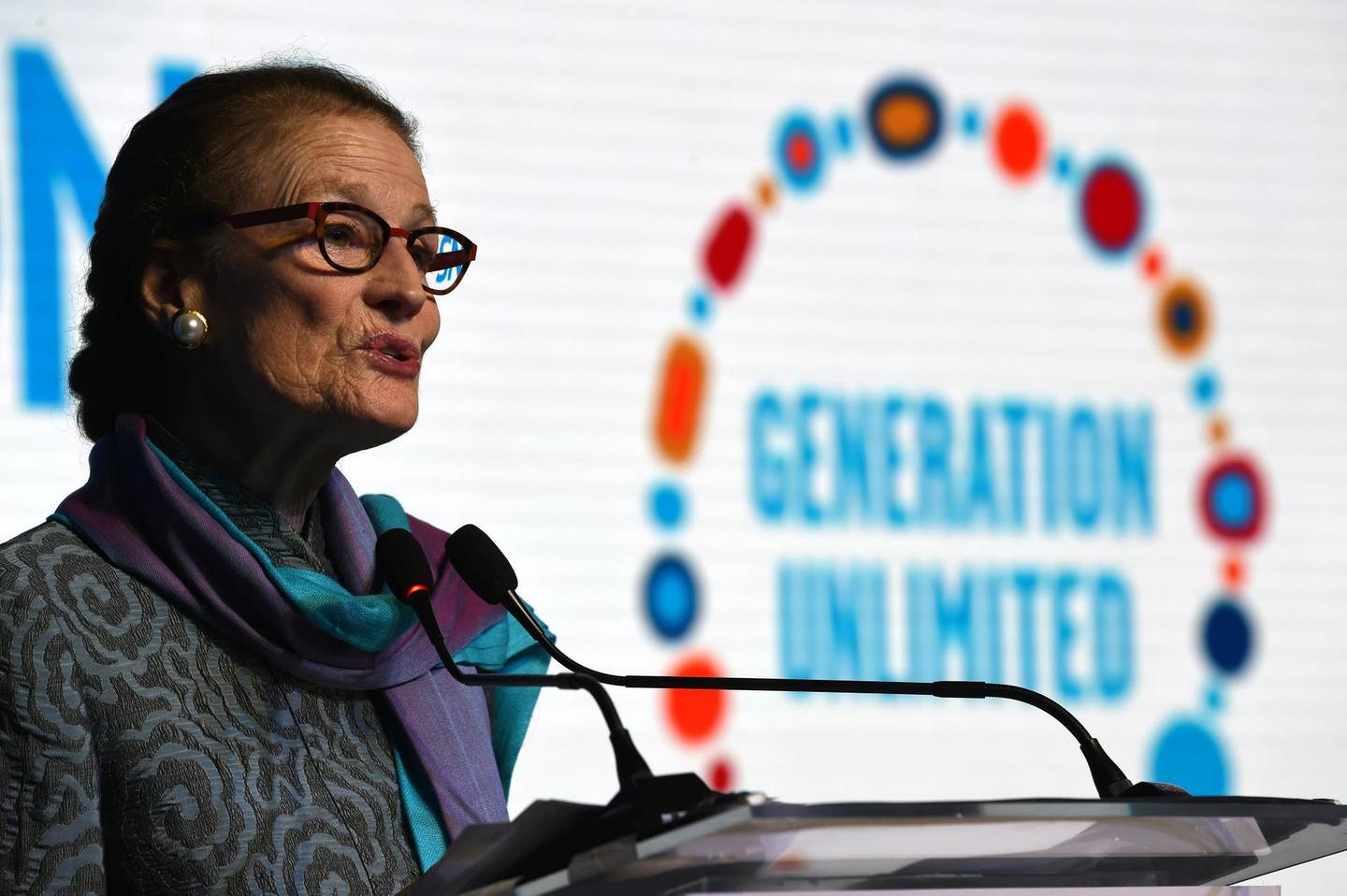 UNICEF Executive Director Henrietta H. Fore delivers the inaugural speech at the South Asia Youth Skills and Solutions Forum in Mumbai on October 30, 2019. (Photo by INDRANIL MUKHERJEE / AFP)