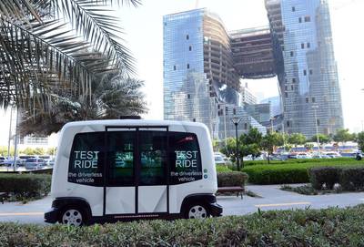 The 10-seater smart driverless car tested by the Roads and Transport Authority, in Business Bay, Dubai. Courtesy RTA.