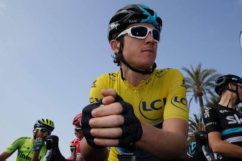 Geraint Thomas waits for the start of the seventh stage of the 74th edition of the Paris-Nice cycling race on Sunday. Kenzo Tribouillard / AFP / March 13, 2016 